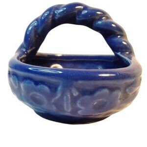 Blue Ceramic Basket Twisted Handle Vintage USA